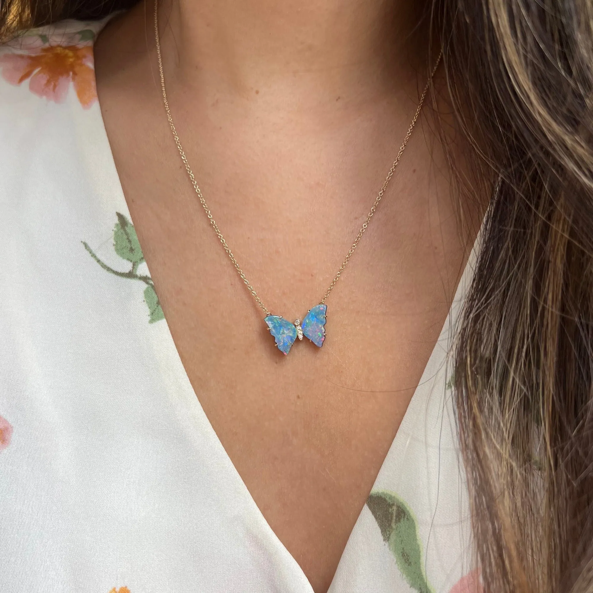 Opal Butterfly Necklace with Diamonds and Prongs - Majestic Sky