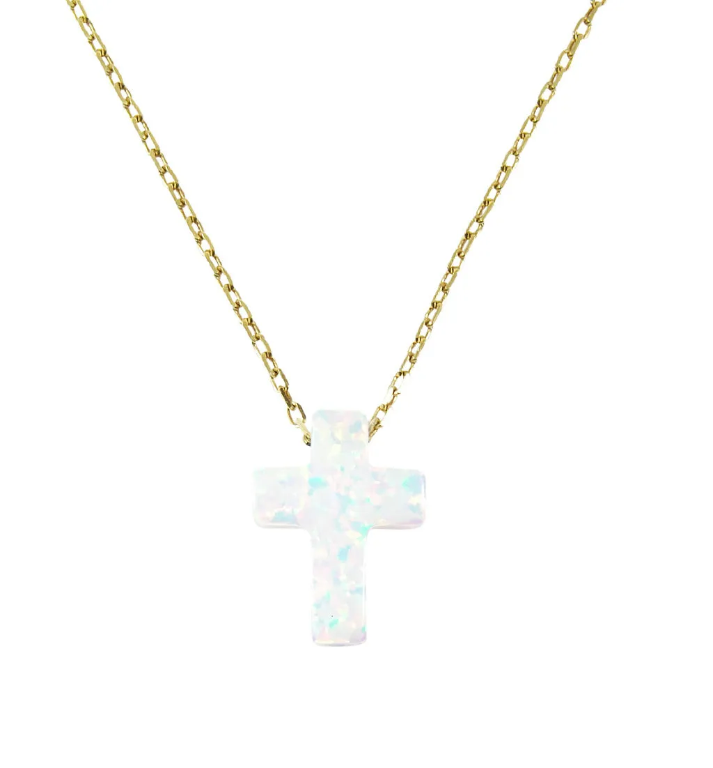 Opal Cross Pendant Necklace Gold Plated 925 Sterling Silver Chain