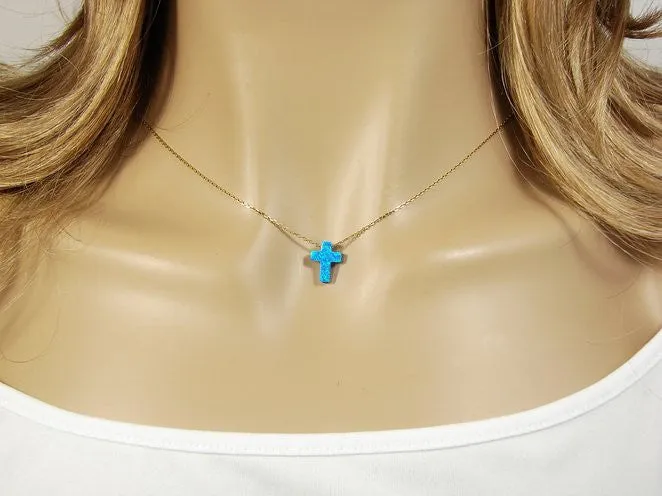 Opal Cross Pendant Necklace Gold Plated 925 Sterling Silver Chain