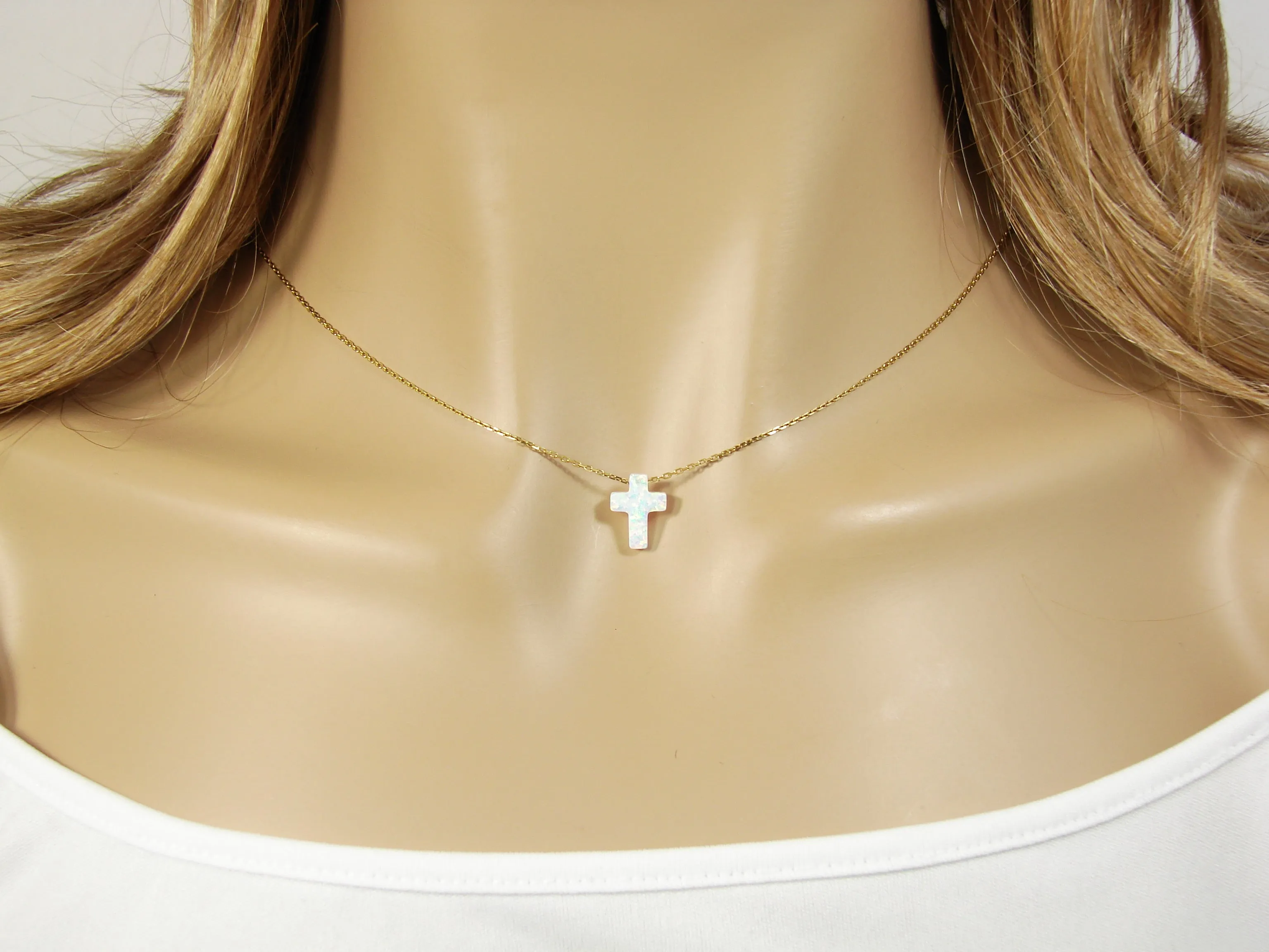 Opal Cross Pendant Necklace Gold Plated 925 Sterling Silver Chain