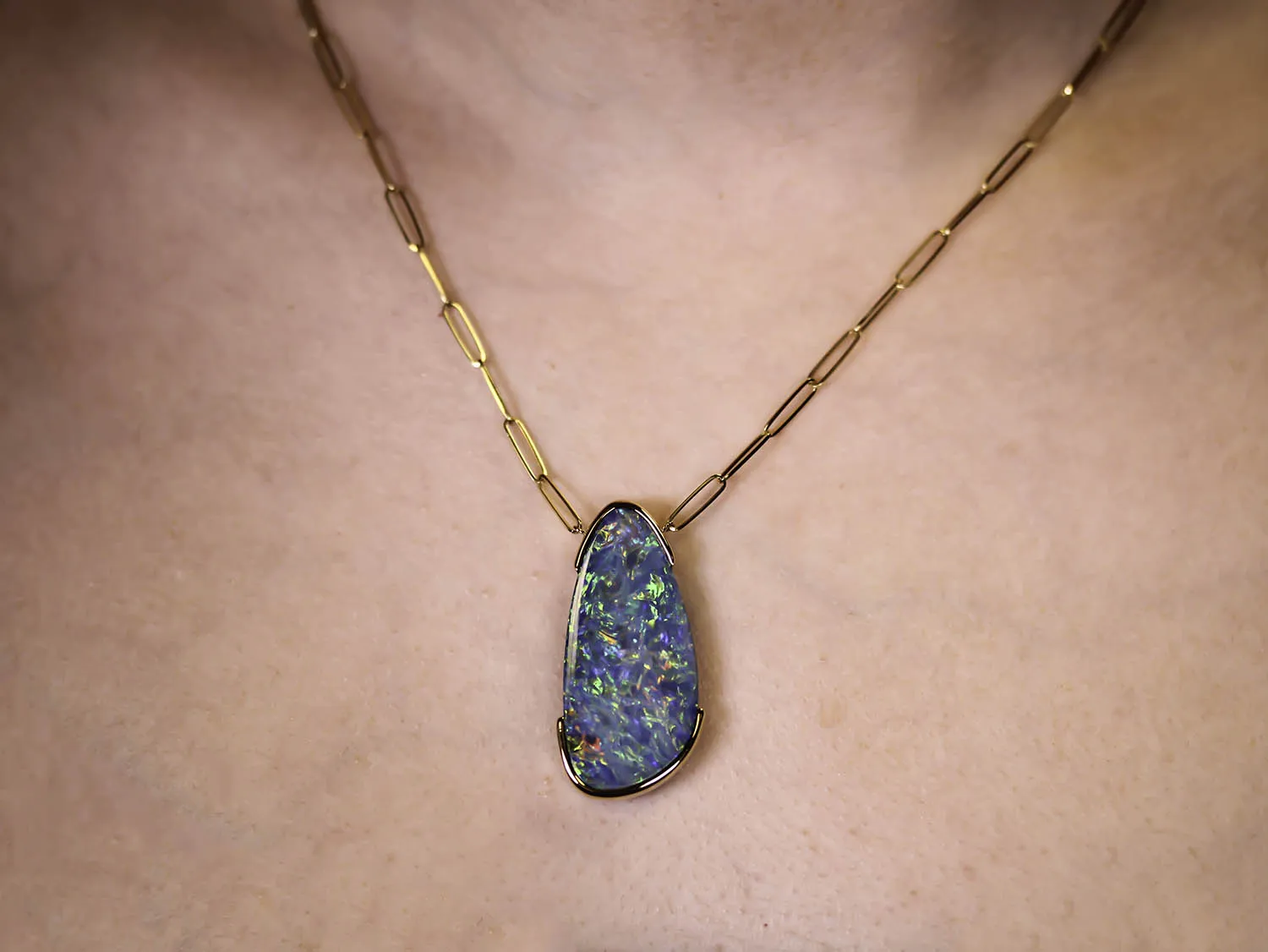 Opal Doublet Pendant with Paperclip Chain Link Necklace