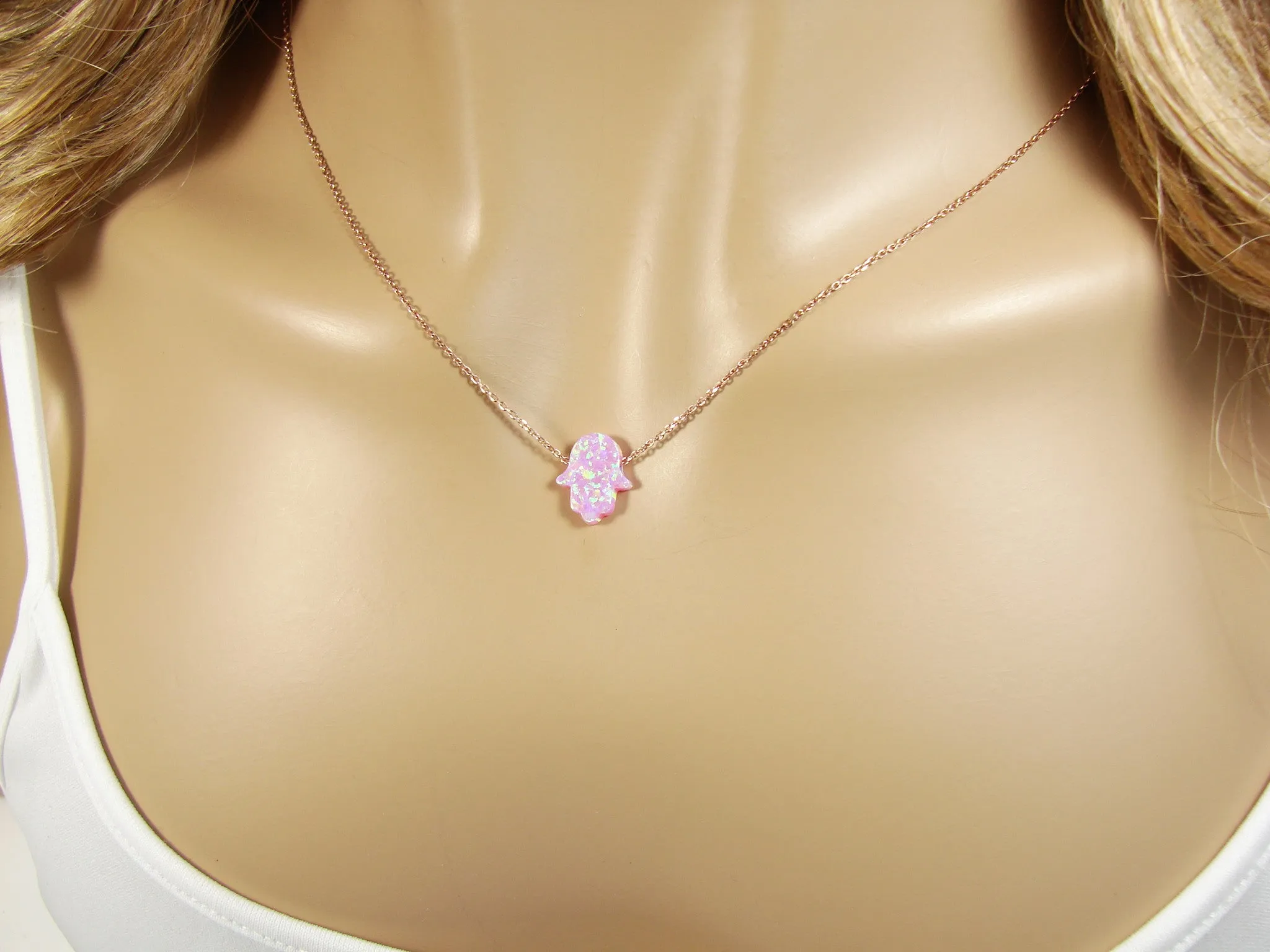 Opal Hamsa Hand Necklace Rose Gold 925 Sterling Silver Chain