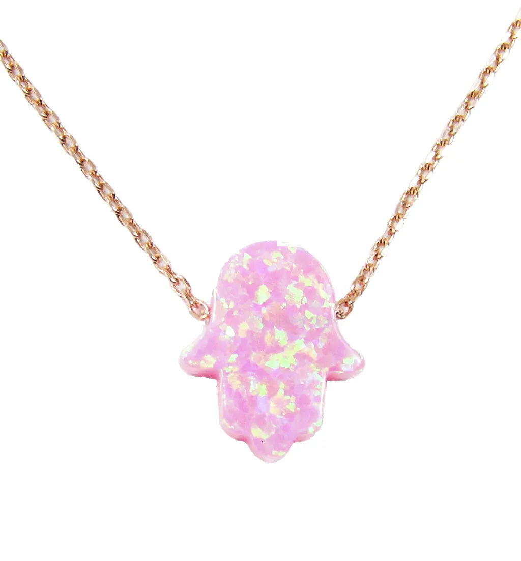 Opal Hamsa Hand Necklace Rose Gold 925 Sterling Silver Chain