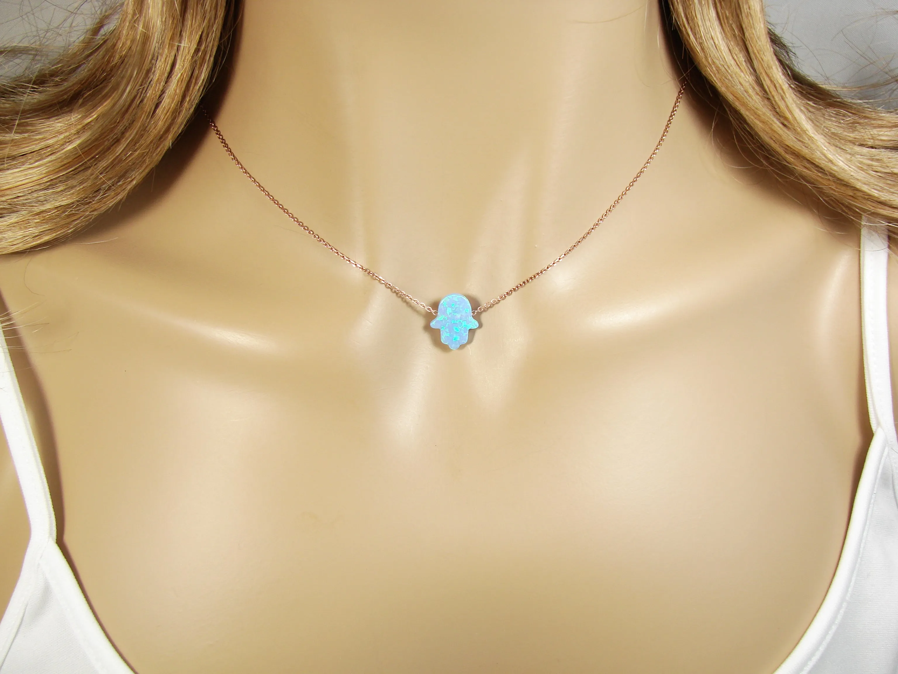 Opal Hamsa Hand Necklace Rose Gold 925 Sterling Silver Chain