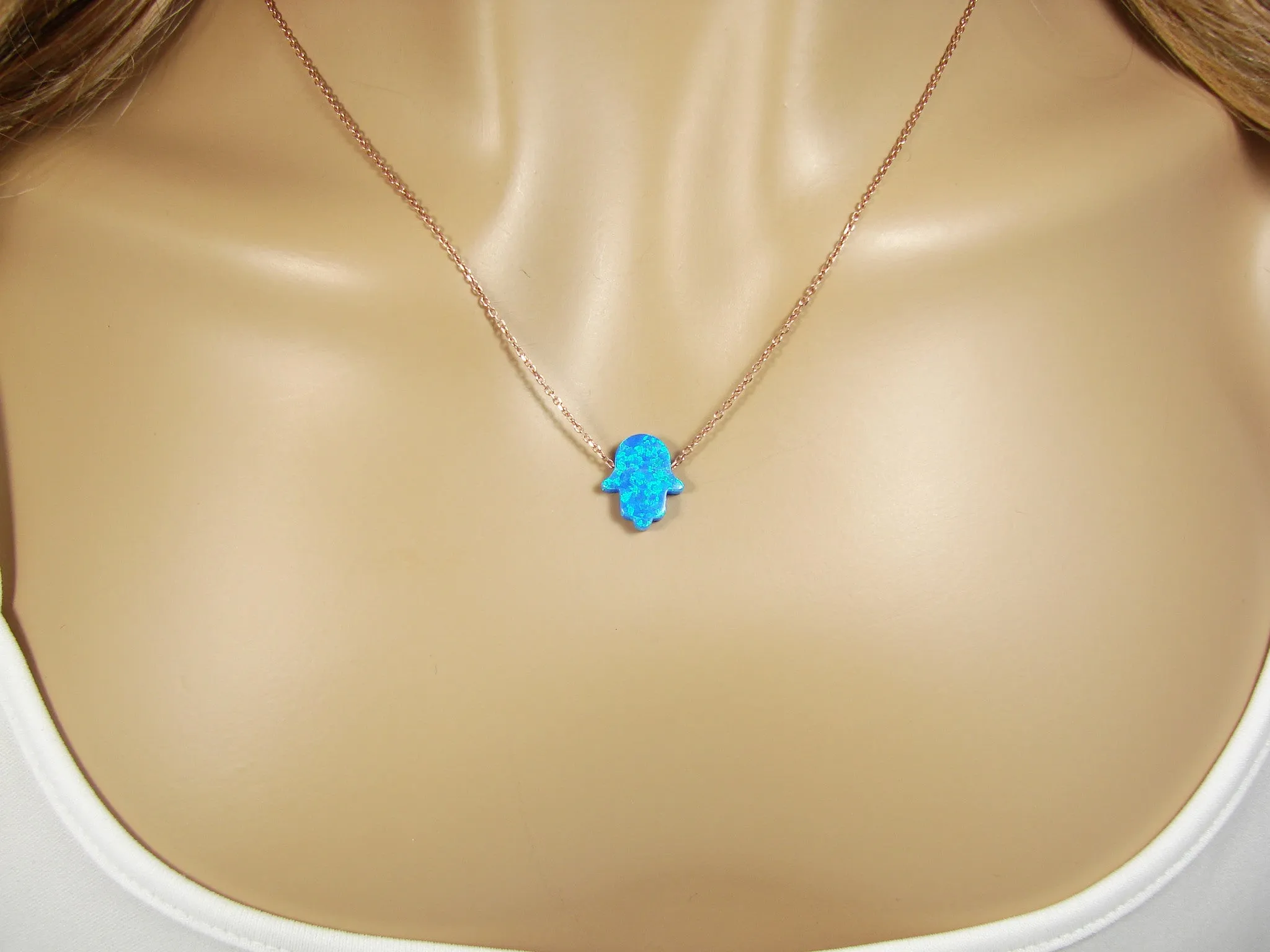 Opal Hamsa Hand Necklace Rose Gold 925 Sterling Silver Chain