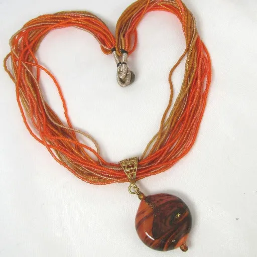 Orange Bead Necklace with Artisan Pendant