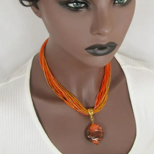 Orange Bead Necklace with Artisan Pendant