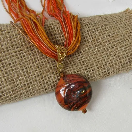 Orange Bead Necklace with Artisan Pendant