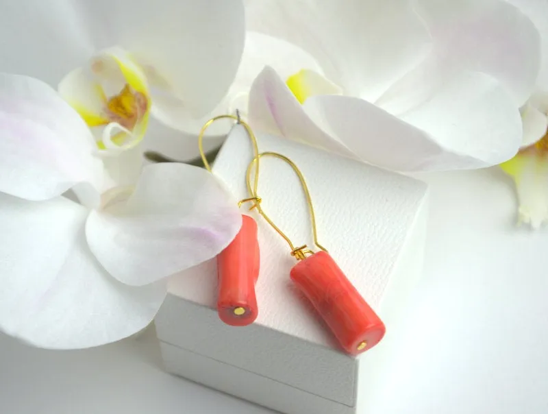 Orange coral earrings Natural salmon coral dangle drop earring Anniversary gift for girlfriend Real red coral earrings Moyher day gift idea