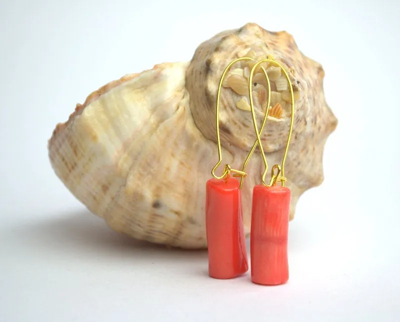 Orange coral earrings Natural salmon coral dangle drop earring Anniversary gift for girlfriend Real red coral earrings Moyher day gift idea