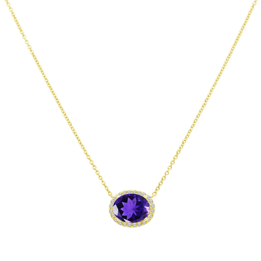 Oval Gemstone & Diamond Halo Necklace