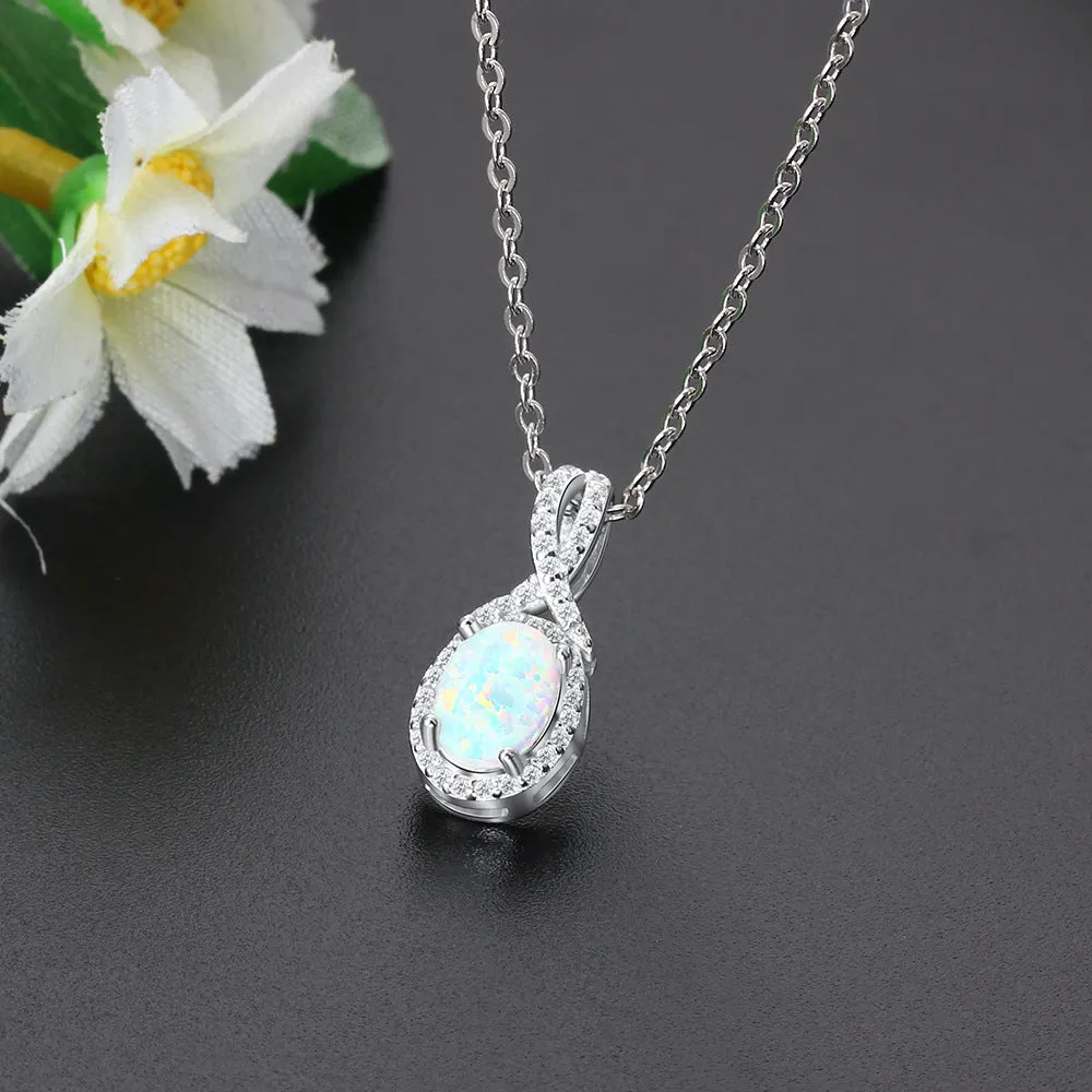 Oval Opal Soleste Halo Zircon Sterling Silver Necklace