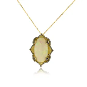 Oval Shaped Opal Cabochon with Diamond Art Deco Pendant with Chain