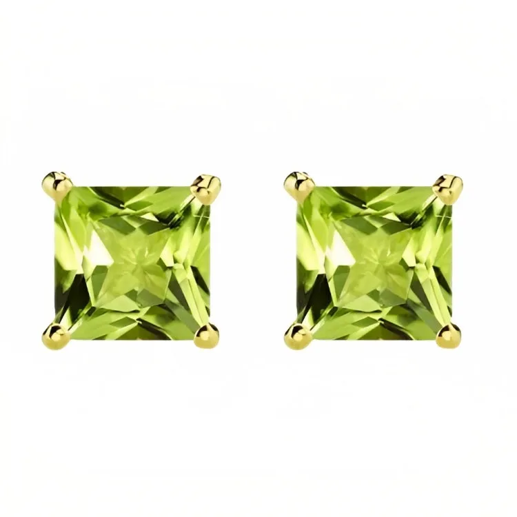 Paris Jewelry 18k Yellow Gold 2 Pair Created Peridot 6mm Round & Princess Cut Stud Earrings Plated