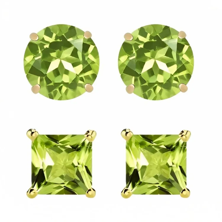 Paris Jewelry 18k Yellow Gold 2 Pair Created Peridot 6mm Round & Princess Cut Stud Earrings Plated