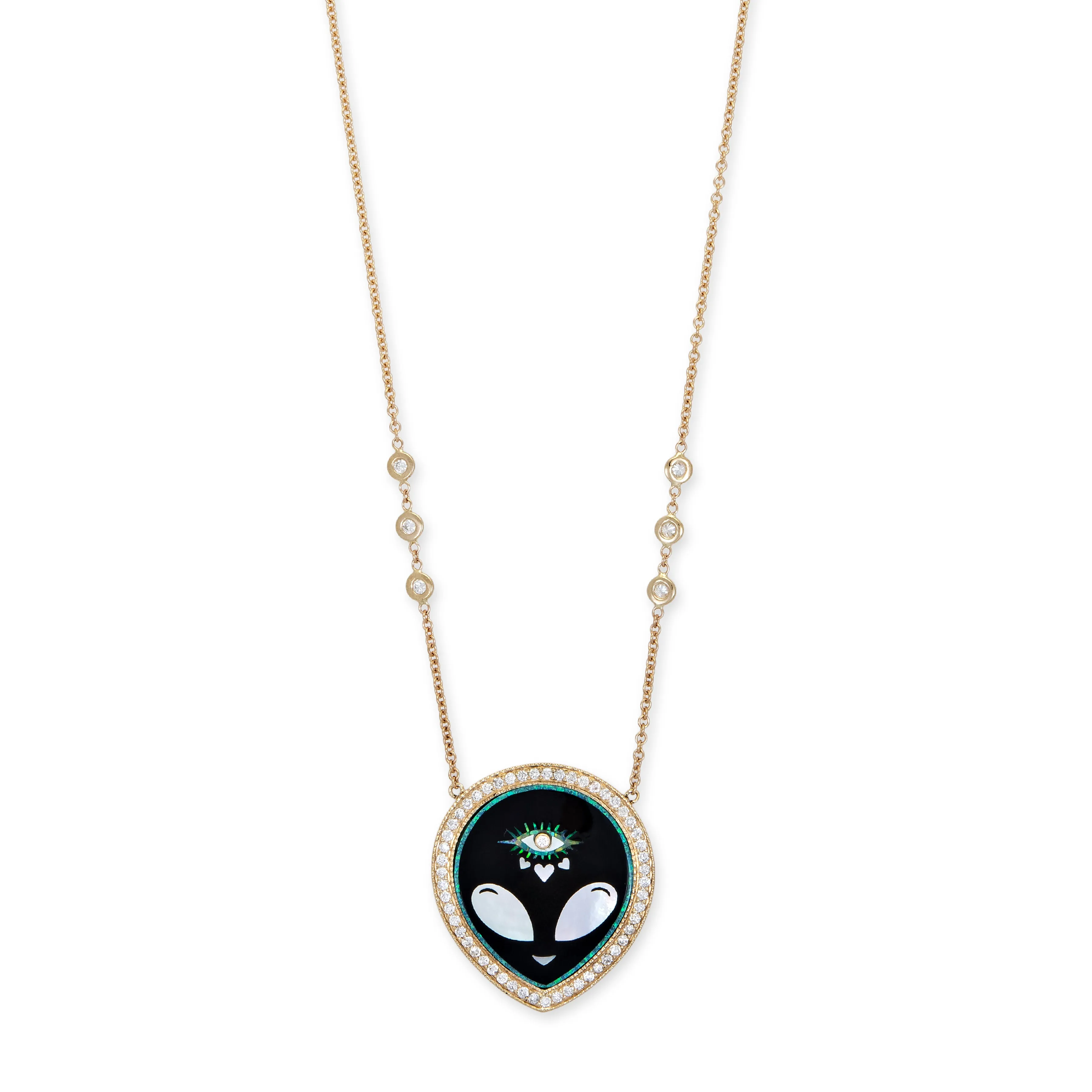 PAVE ONYX   PEARL ALIEN HEART EYE INLAY NECKLACE