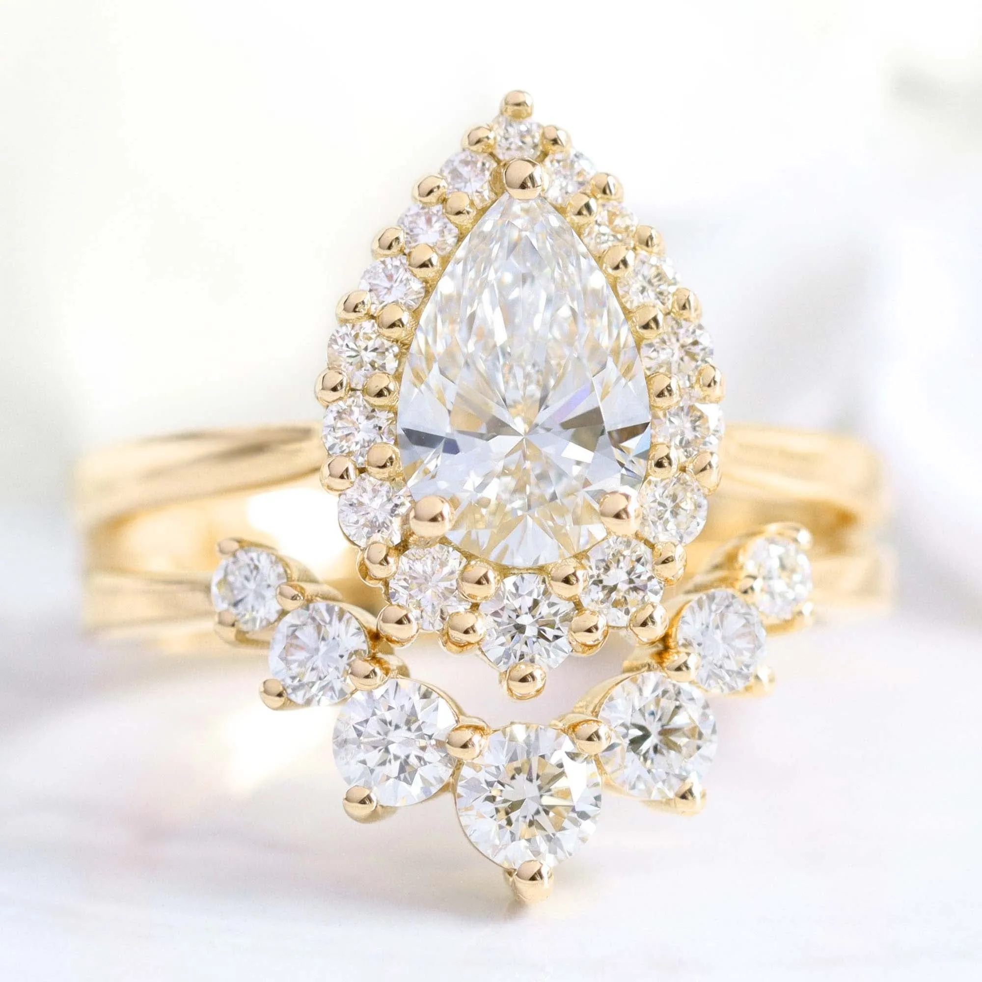 Pear Diamond Tiara Halo Ring Set w/ Lab Diamond and Large 7 Stone Wedding Band