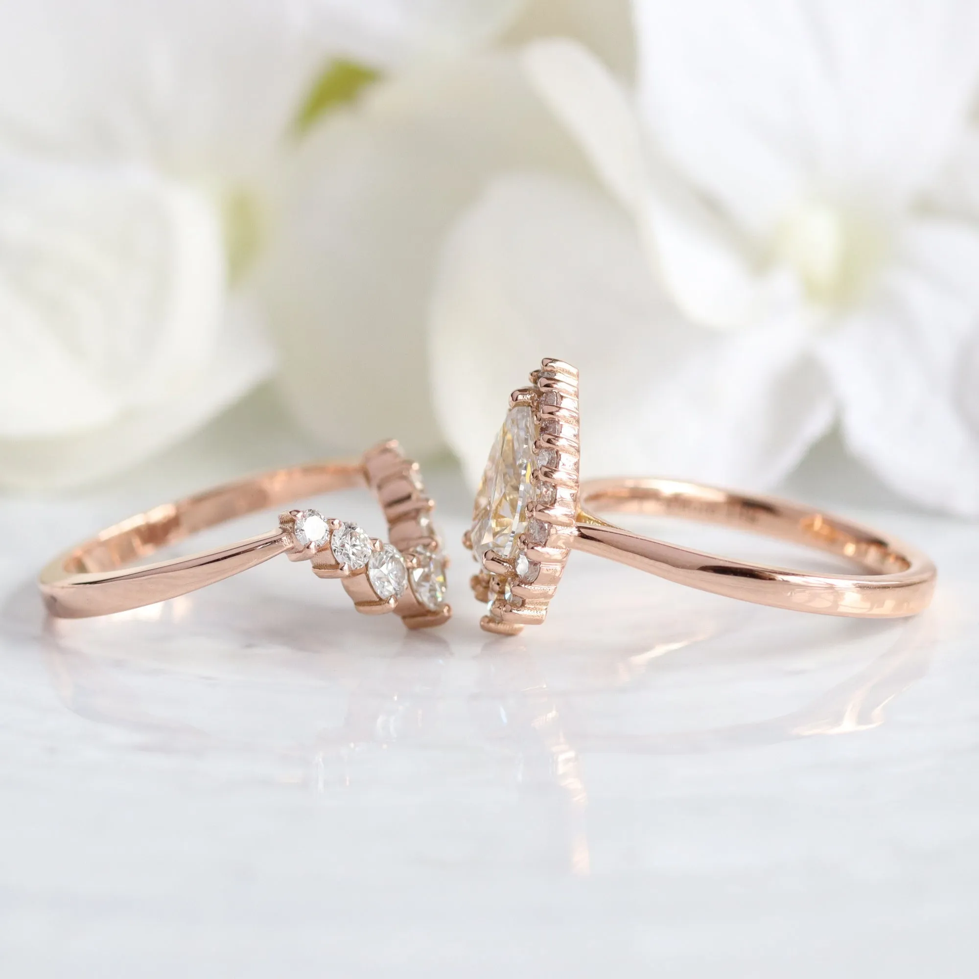 Pear Diamond Tiara Halo Ring Set w/ Lab Diamond and Large 7 Stone Wedding Band