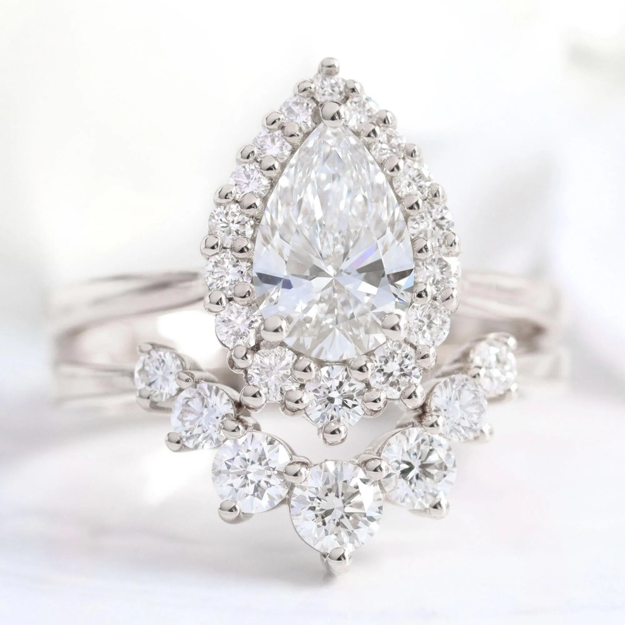 Pear Diamond Tiara Halo Ring Set w/ Lab Diamond and Large 7 Stone Wedding Band