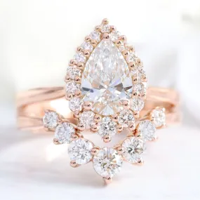 Pear Diamond Tiara Halo Ring Set w/ Lab Diamond and Large 7 Stone Wedding Band