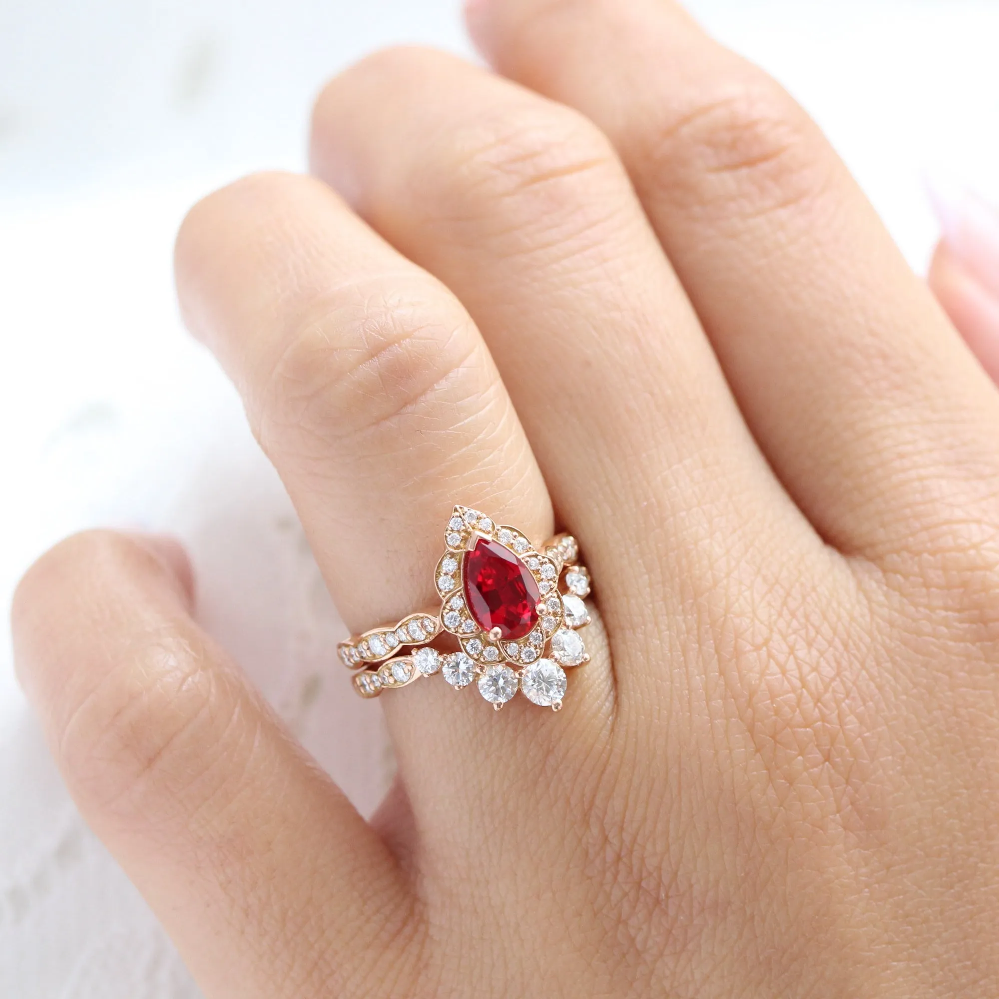 Pear Ruby Diamond Ring in Vintage Floral Scalloped Band