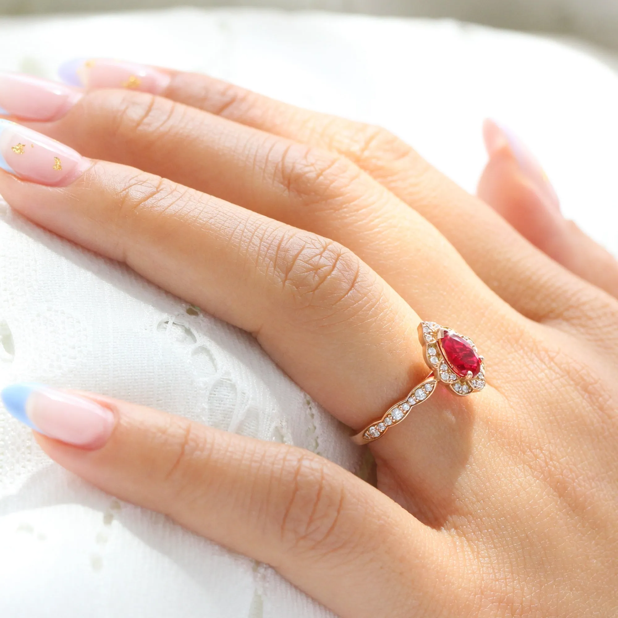 Pear Ruby Diamond Ring in Vintage Floral Scalloped Band