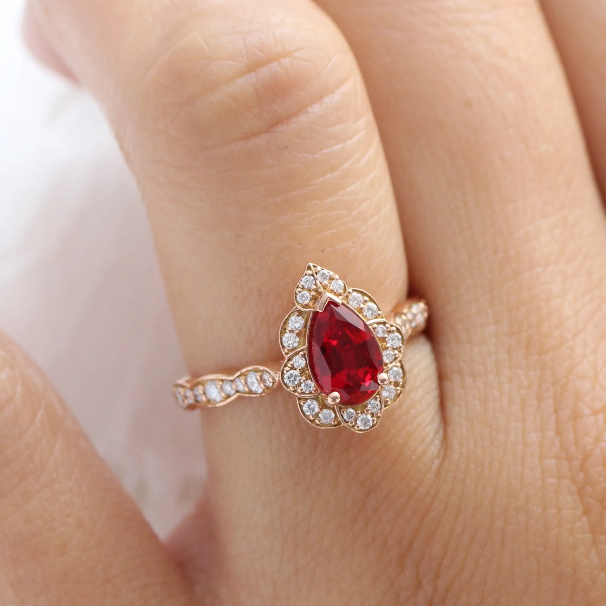 Pear Ruby Diamond Ring in Vintage Floral Scalloped Band