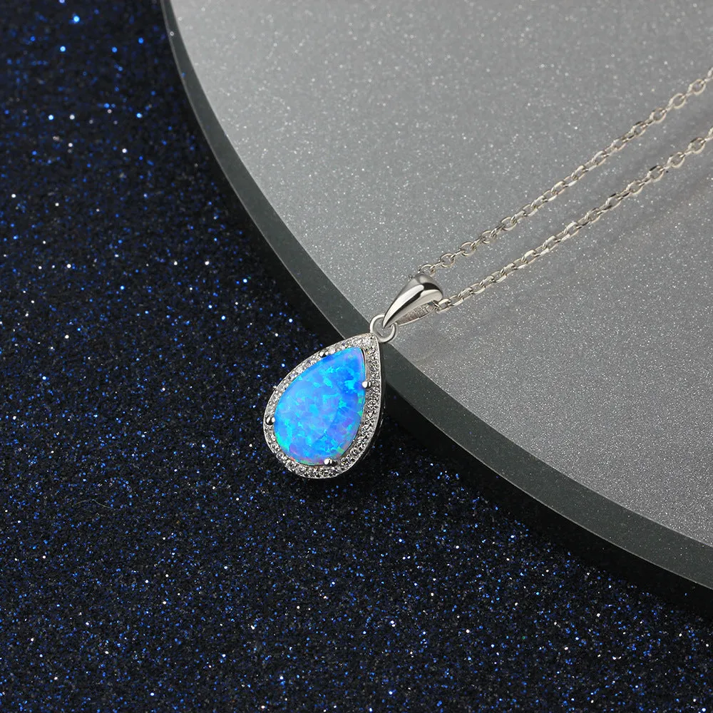 Pear Shape Blue Opal Zircon Soleste Halo Sterling Silver Necklace