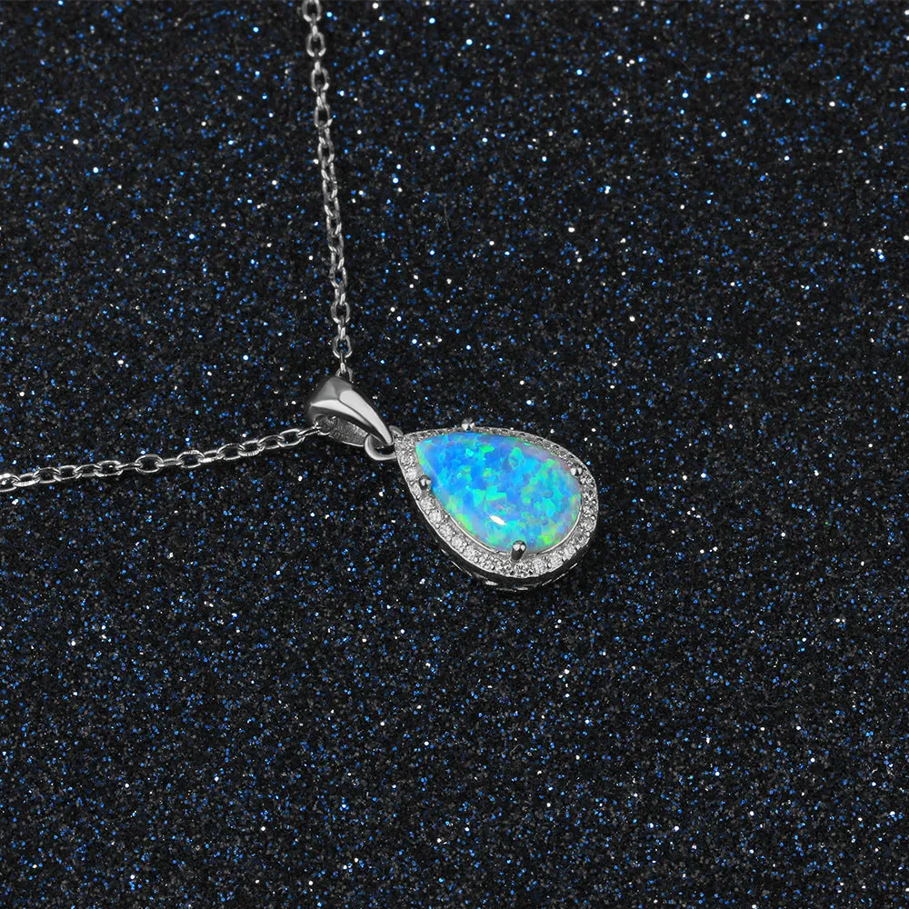 Pear Shape Blue Opal Zircon Soleste Halo Sterling Silver Necklace