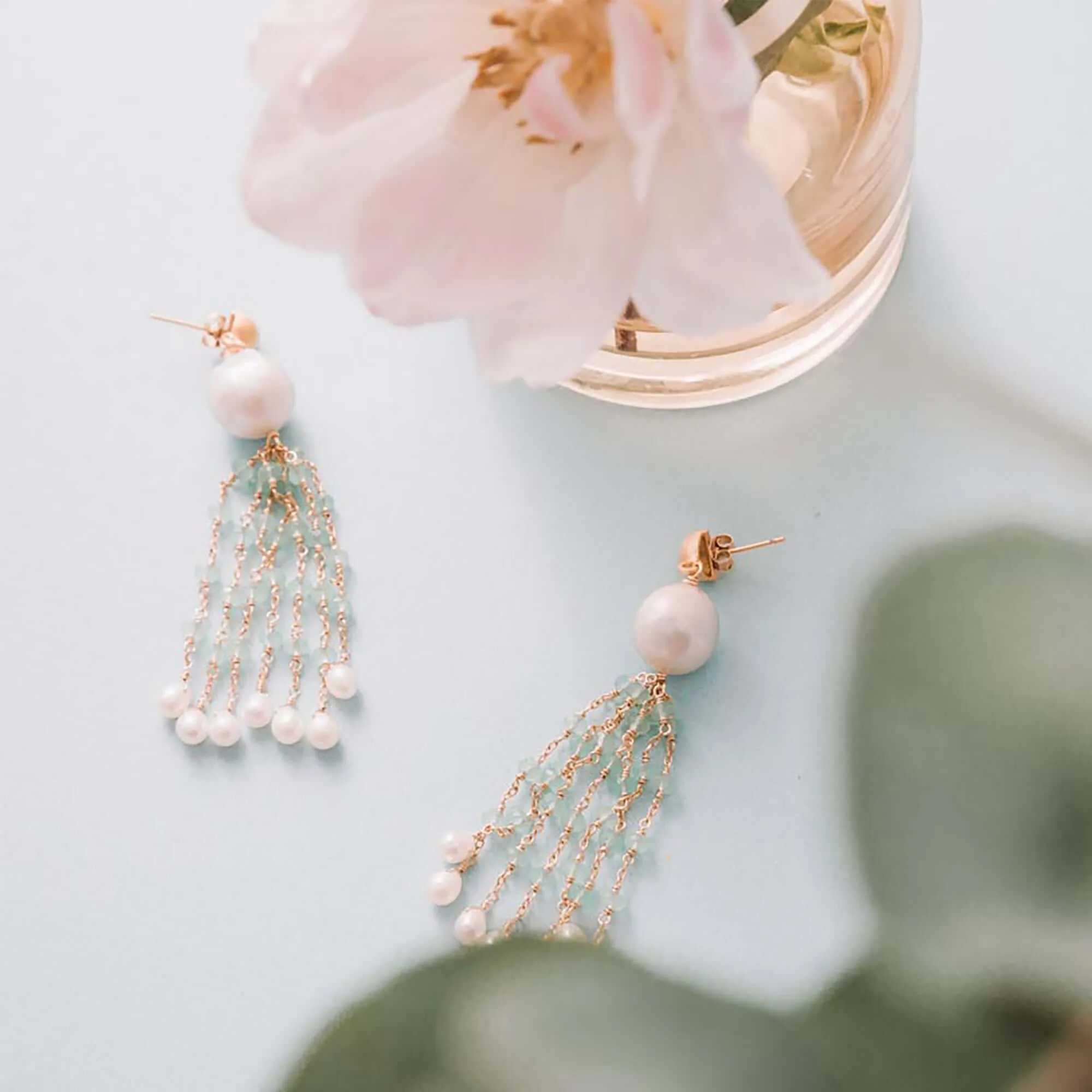 Pearl & Aqua Chalcedony Tassel Earrings