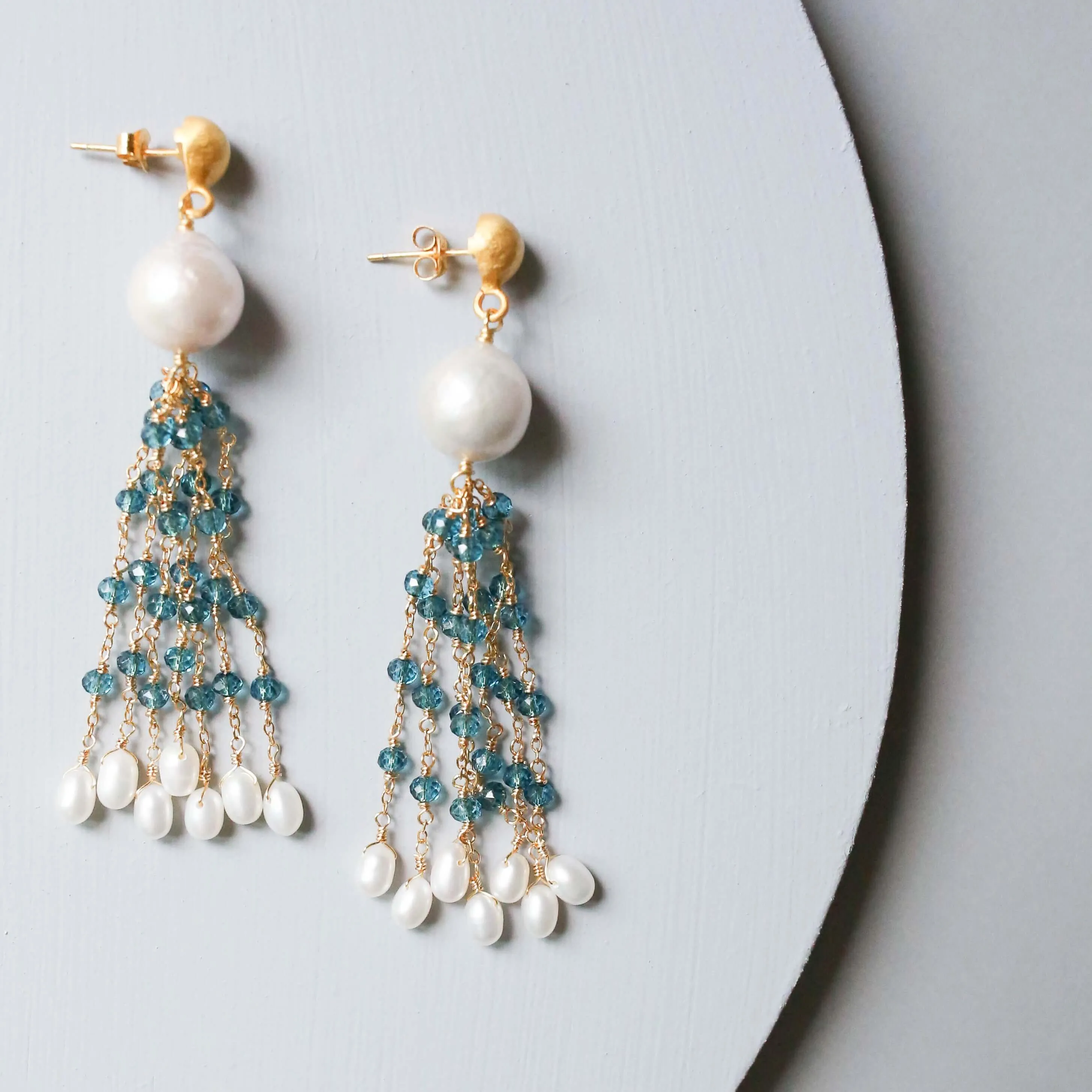 Pearl & Aqua Chalcedony Tassel Earrings