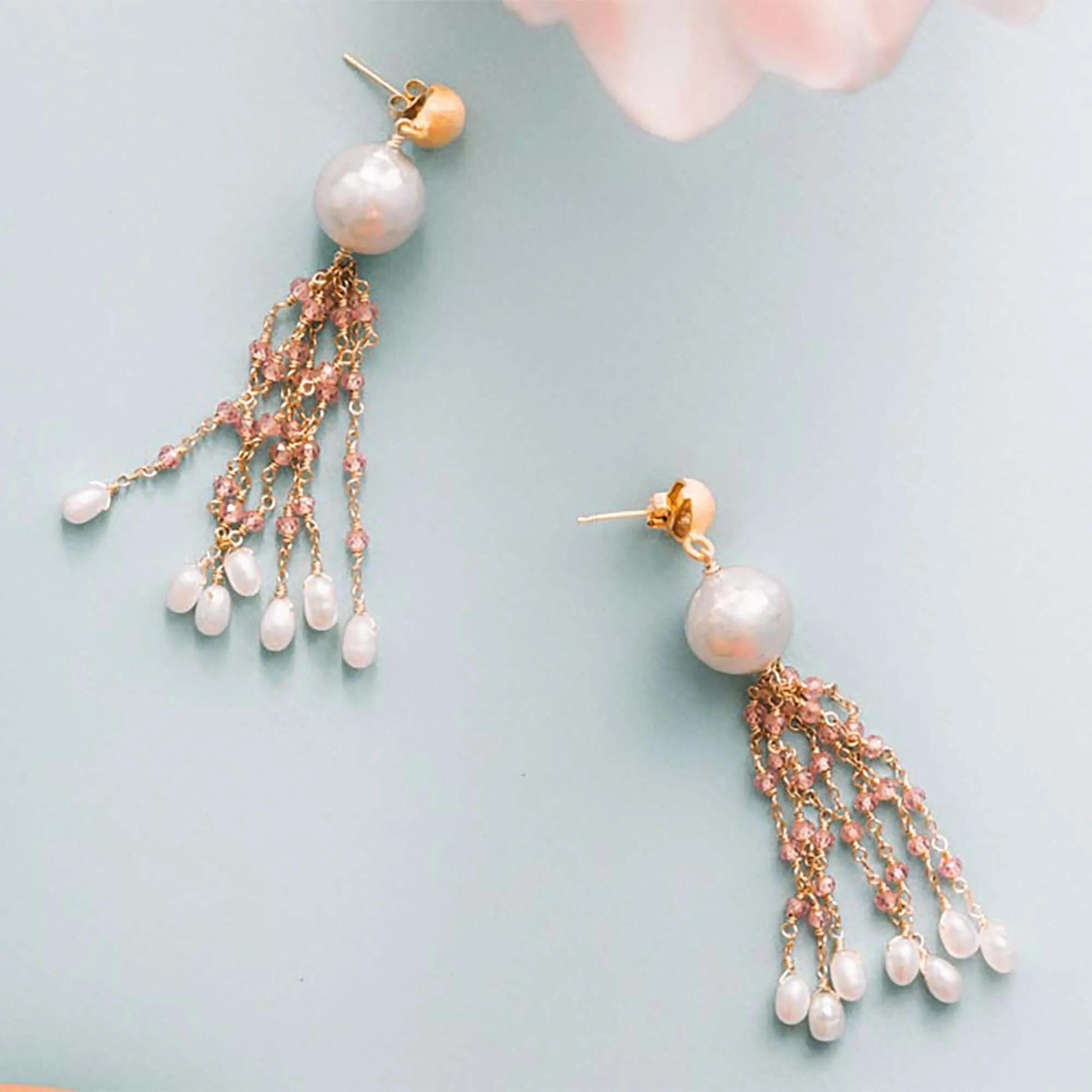 Pearl & Aqua Chalcedony Tassel Earrings