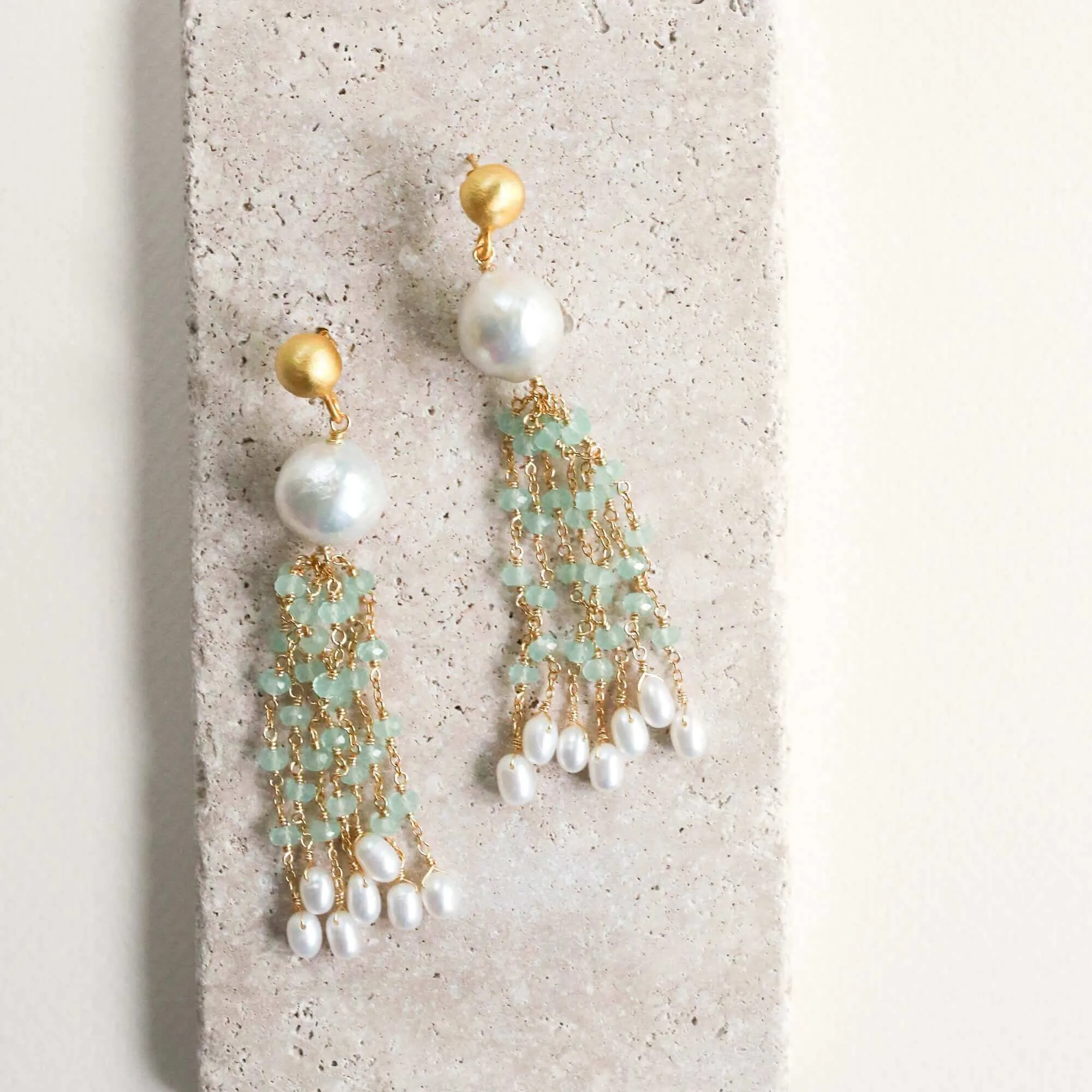 Pearl & Aqua Chalcedony Tassel Earrings