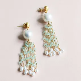 Pearl & Aqua Chalcedony Tassel Earrings