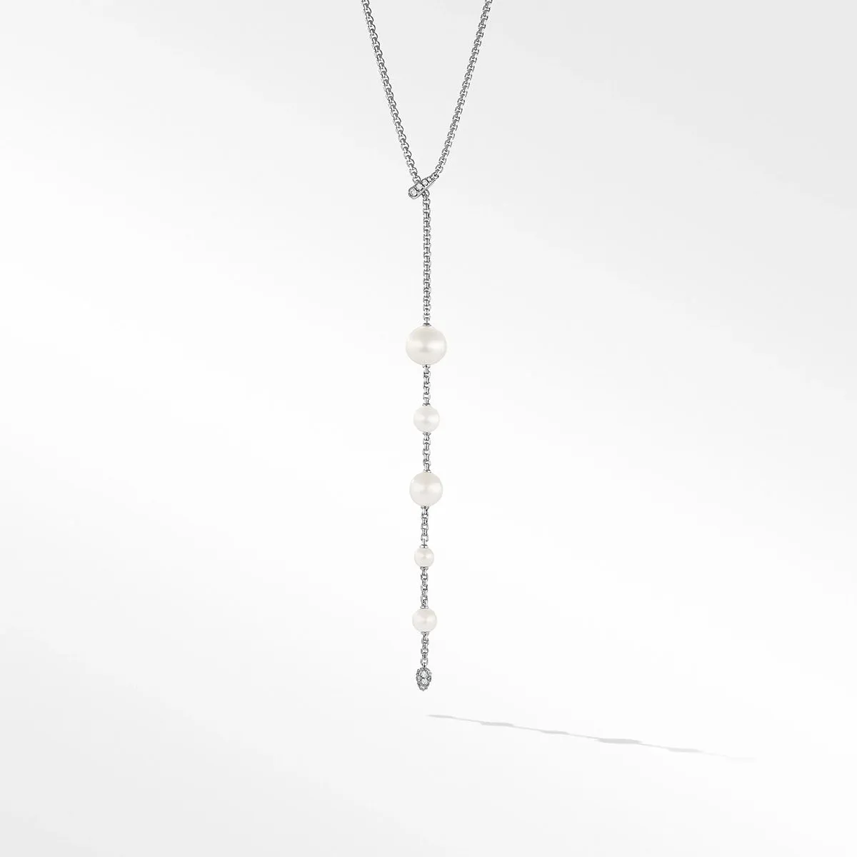 Pearl and Pave Y Necklace in Sterling Silver with Diamonds