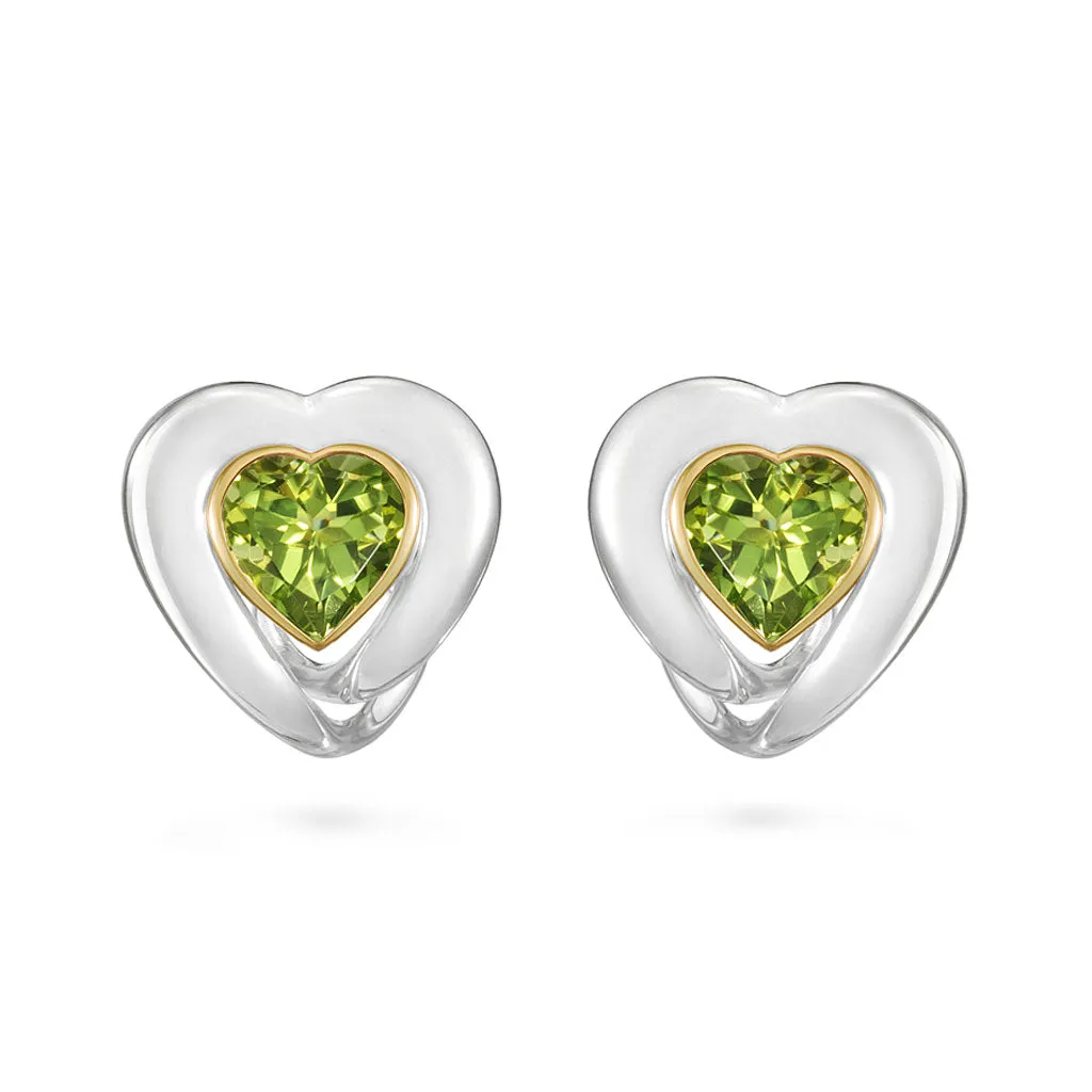 Peridot Heart Earrings in Yellow Gold and Sterling Silver