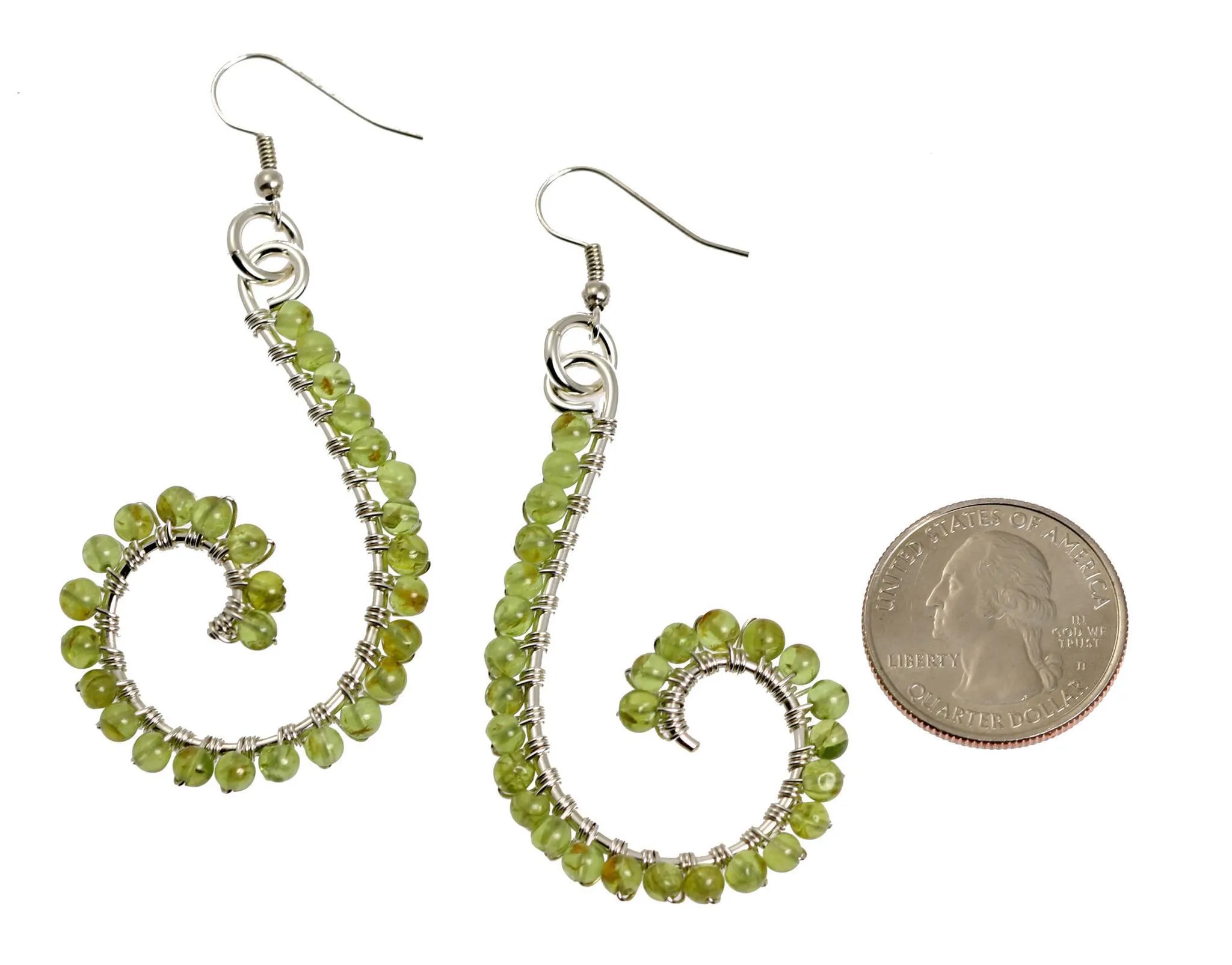 Peridot Wire Wrapped Sterling Silver Scroll Earrings