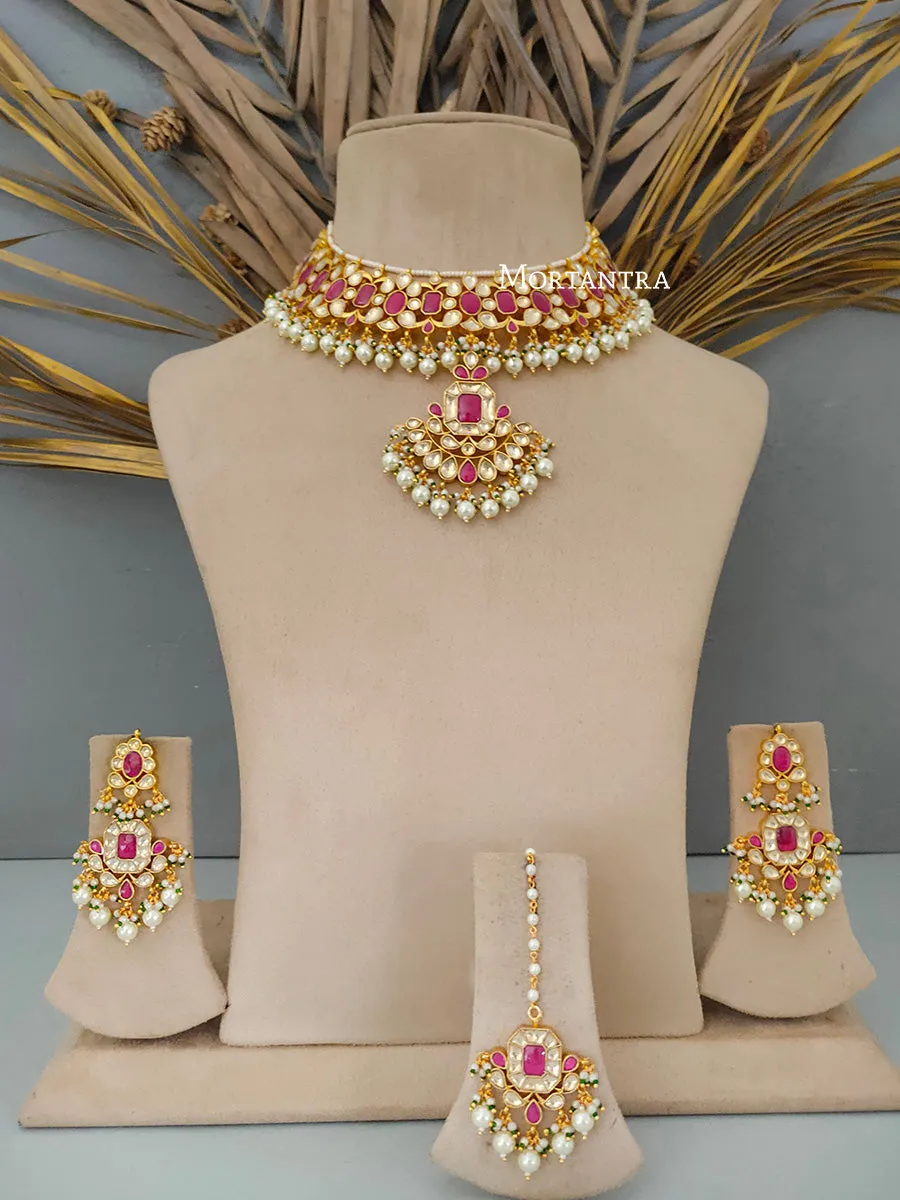 Pink Color Gold Plated Jadau Kundan Bridal Necklace Set - MS1725YP