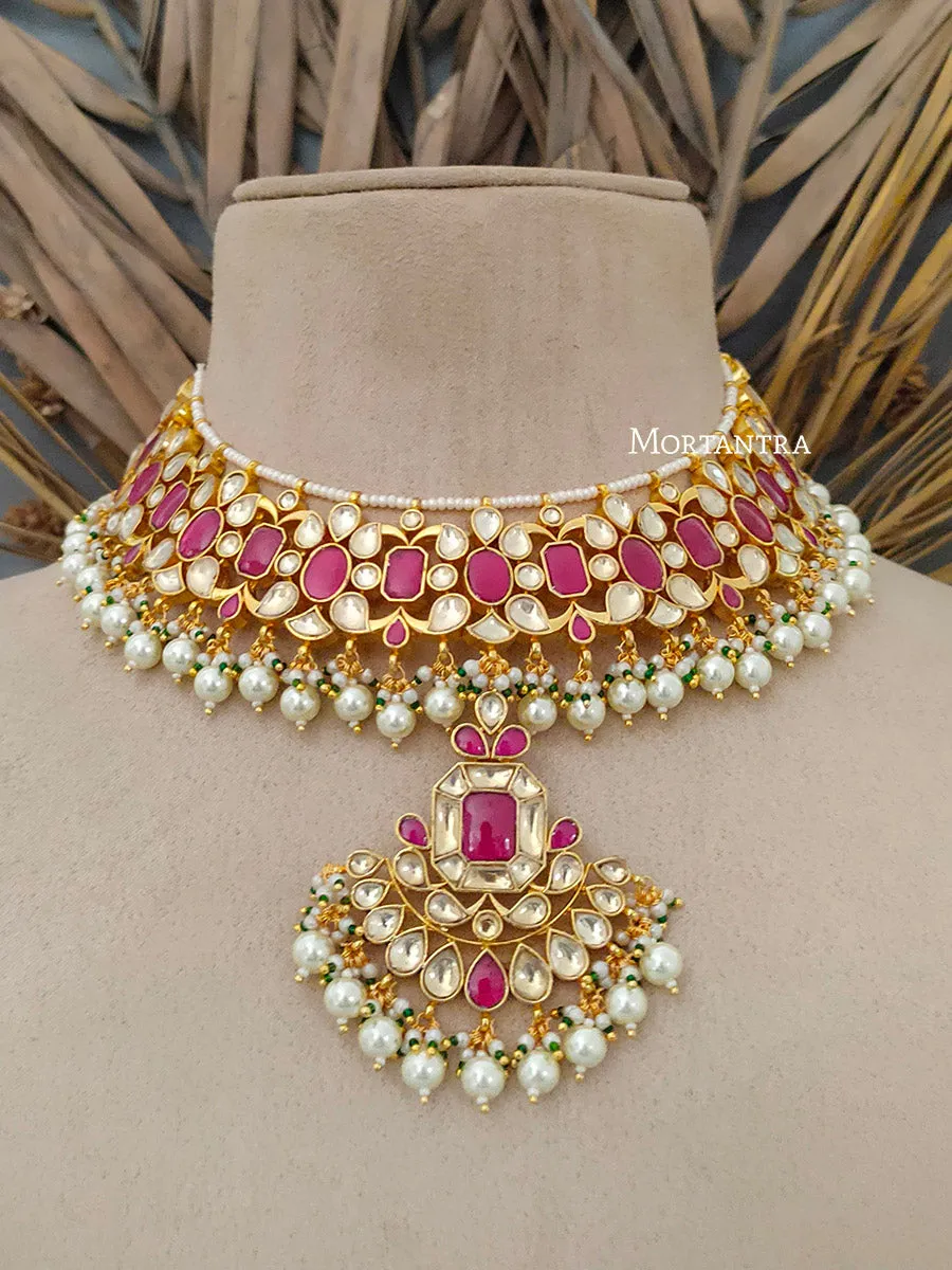 Pink Color Gold Plated Jadau Kundan Bridal Necklace Set - MS1725YP