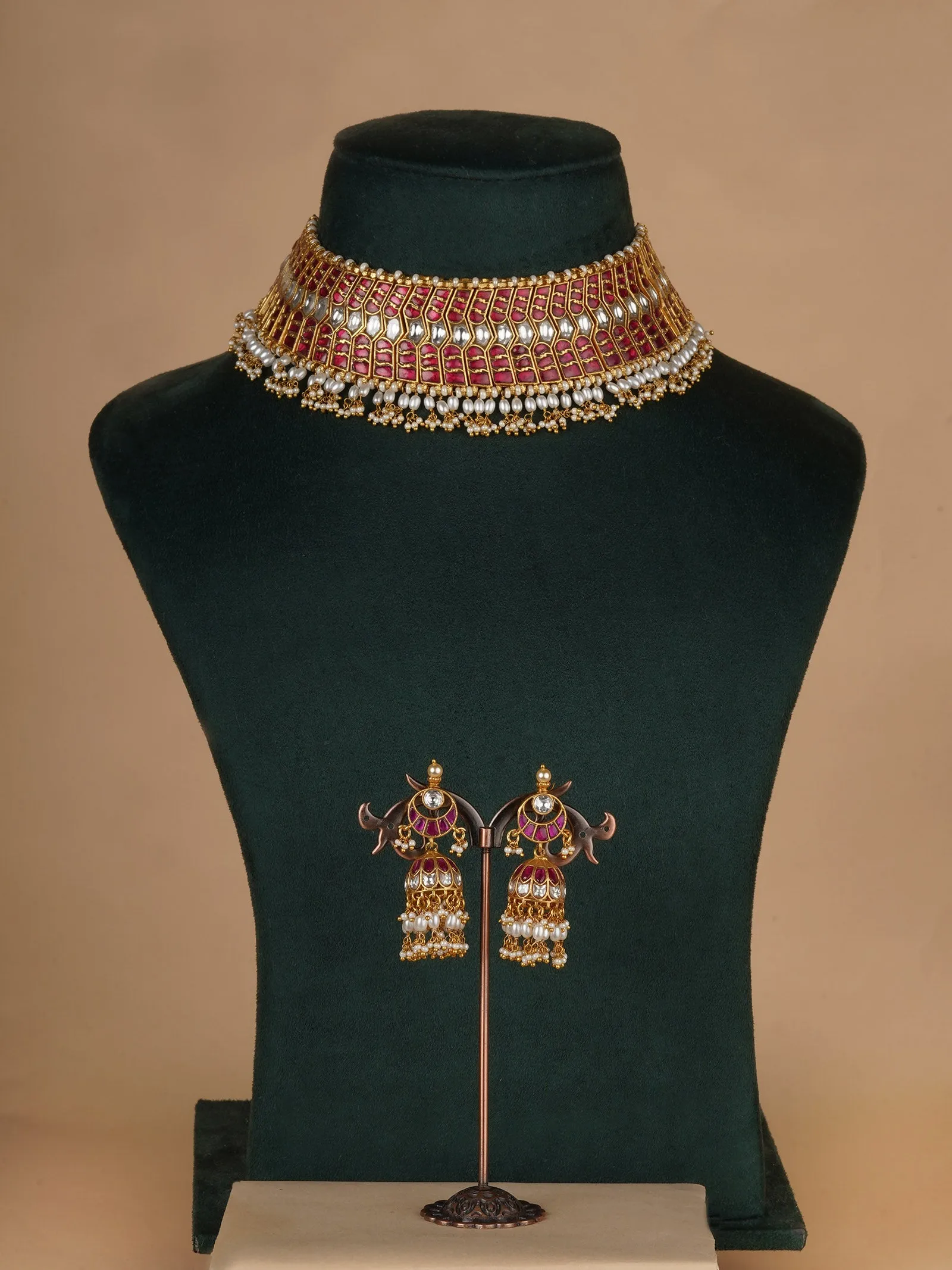 Pink Color Gold Plated Jadau Kundan Necklace Set - MS2259P