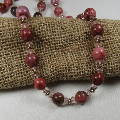 Pink Rhodonite Gemstone and Pink Crystal Bead Necklace