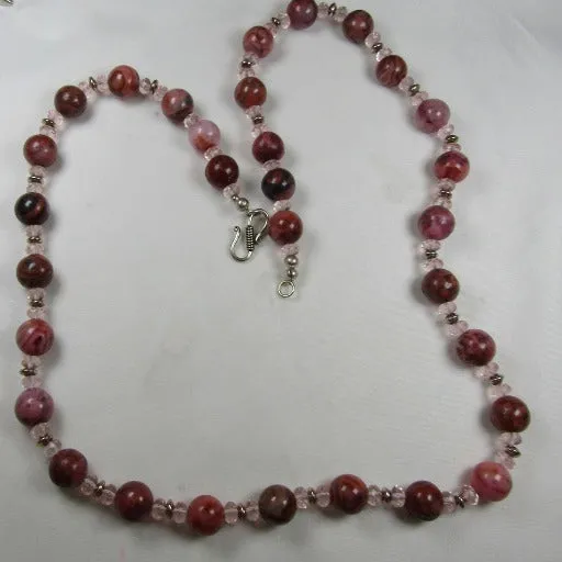 Pink Rhodonite Gemstone and Pink Crystal Bead Necklace