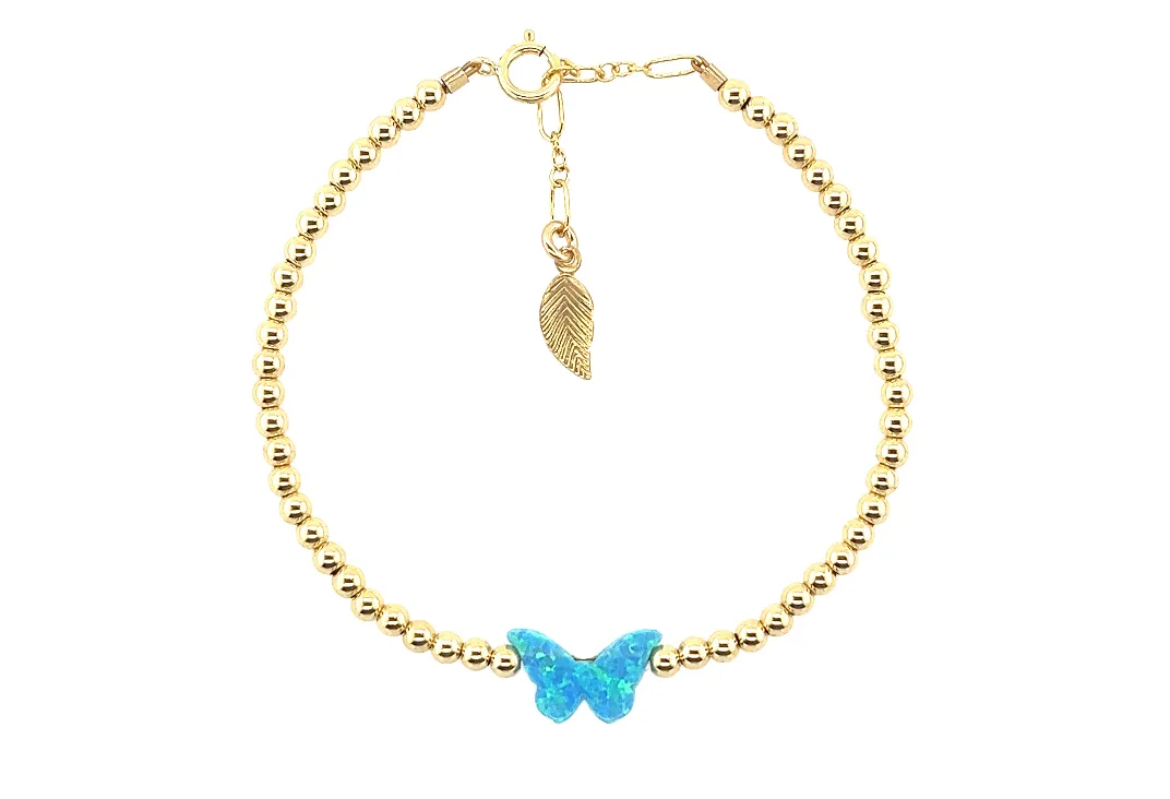 "CLASSIC OPAL BUTTERFLY" Charm and Gold Filled Ball Beaded Bracelet