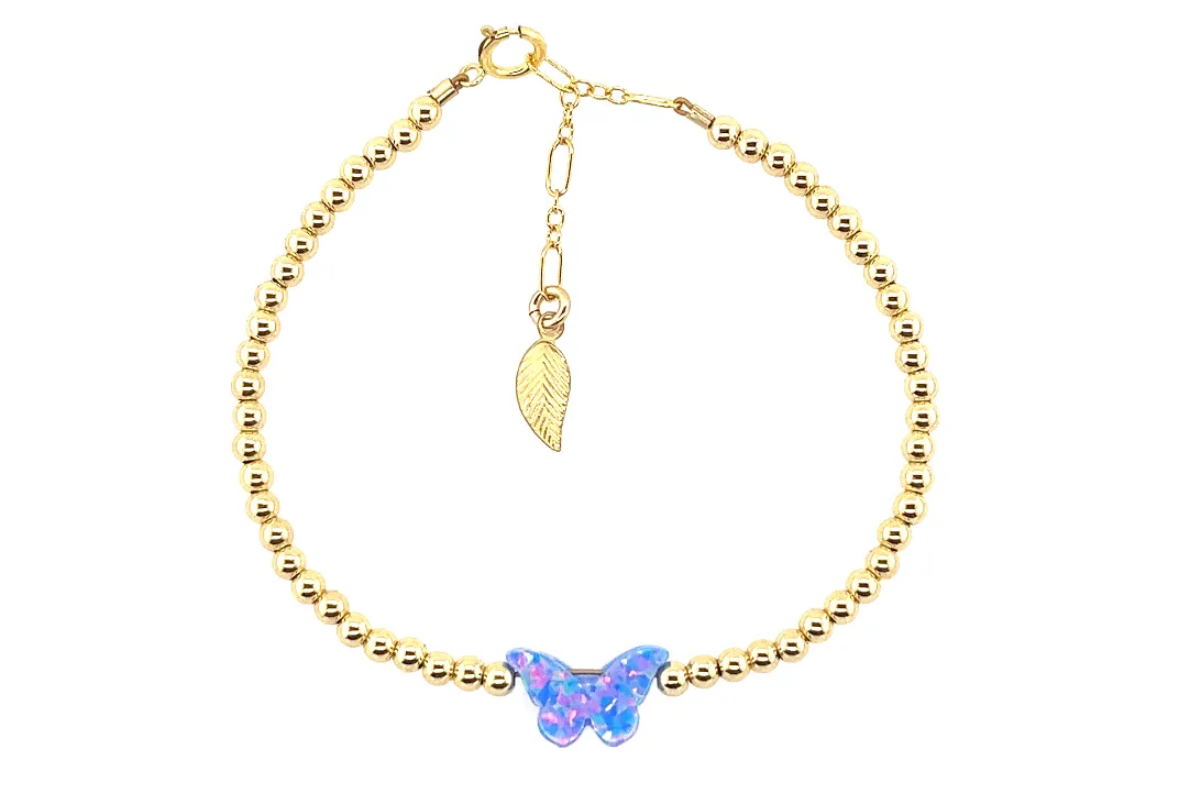 "CLASSIC OPAL BUTTERFLY" Charm and Gold Filled Ball Beaded Bracelet