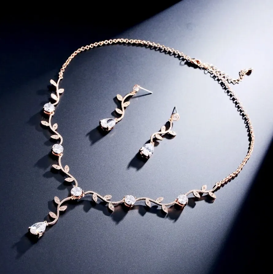 "Selycia" - CZ Vine Bridal Jewelry Set - Available in Silver, Rose Gold and Yellow Gold