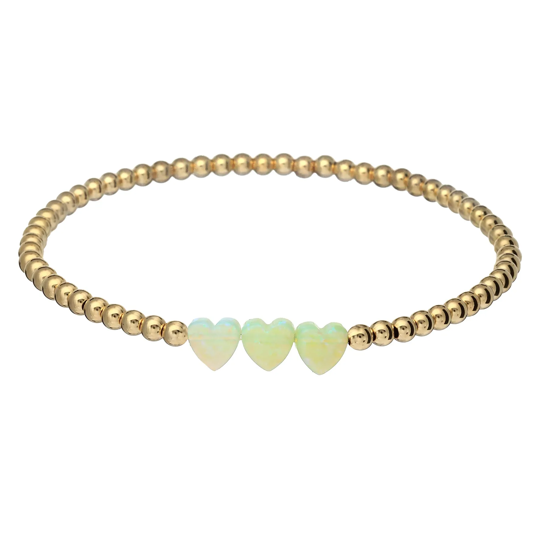 "TRIPLE OPAL HEART" Charm and Gold Filled Ball Beaded Bracelet