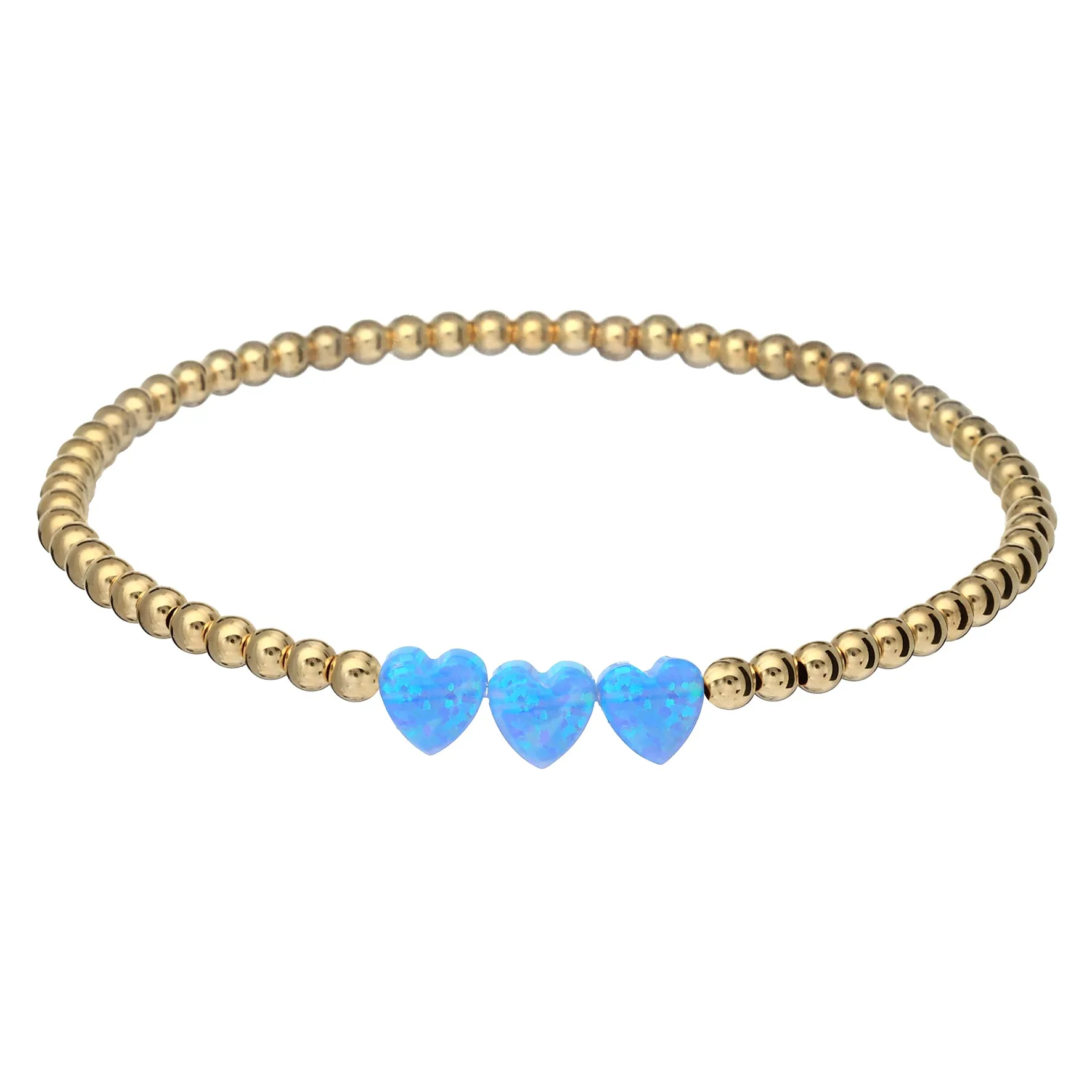 "TRIPLE OPAL HEART" Charm and Gold Filled Ball Beaded Bracelet