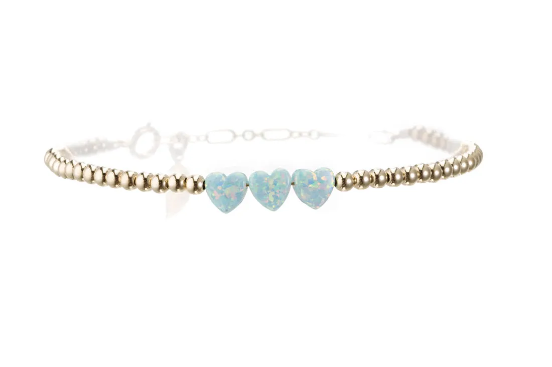 "TRIPLE OPAL HEART" Charm and Gold Filled Ball Beaded Bracelet