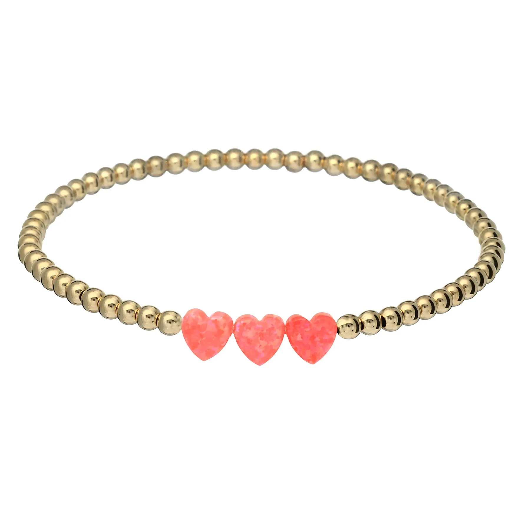 "TRIPLE OPAL HEART" Charm and Gold Filled Ball Beaded Bracelet