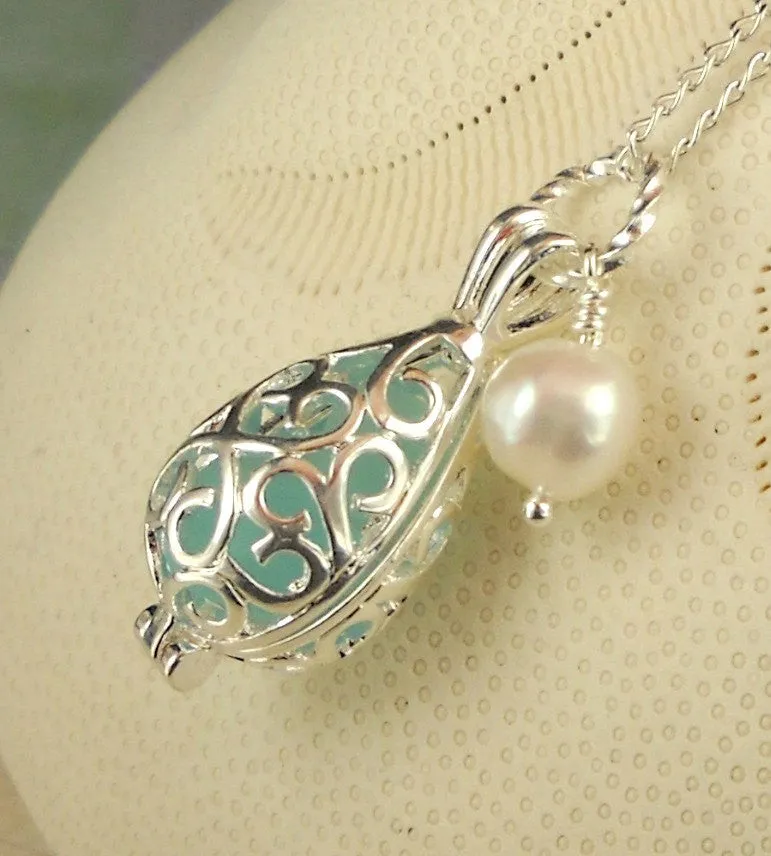 Rare GENUINE Turquoise Sea Glass Filled Filigree Locket Necklace